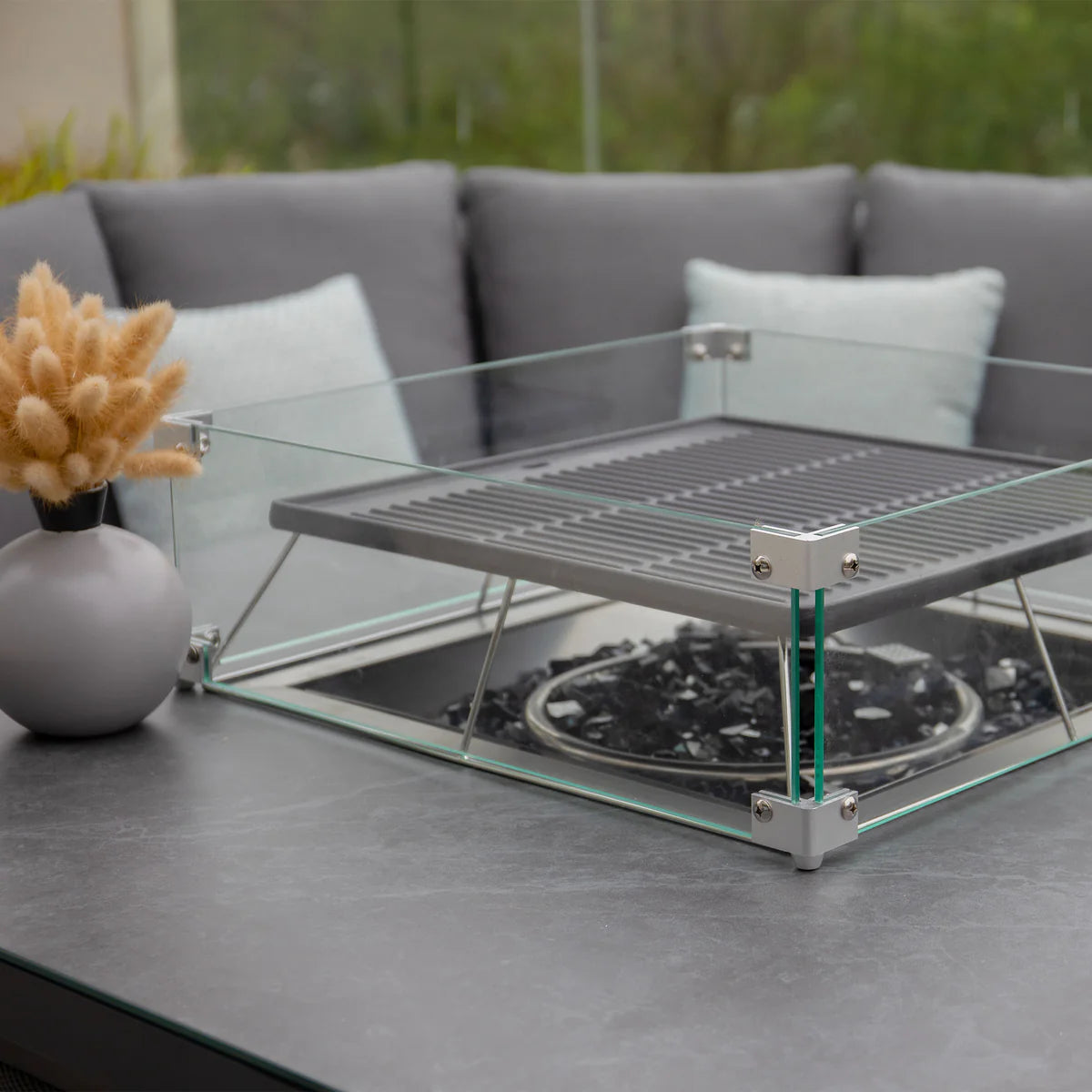 Luna Deluxe Outdoor Fabric Square Corner Dining Set with Rising Firepit Table in Grey