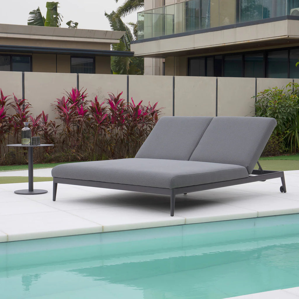 Luna Fabric Double Sun Lounger In Grey All Weather Aluminium Frame With Rust Resistant Powder Coat