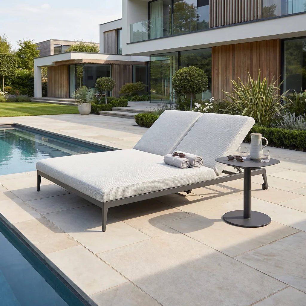 Luna Double Sun Lounger With Oyster Grey Outdoor Fabric And Powder Coated Aluminium Frame