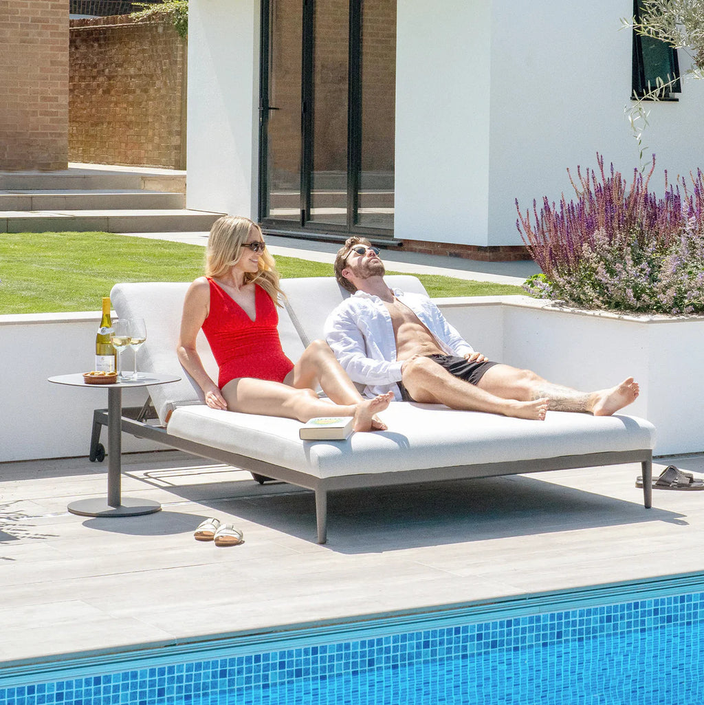 Luna Double Sun Lounger With Oyster Grey Outdoor Fabric And Powder Coated Aluminium Frame
