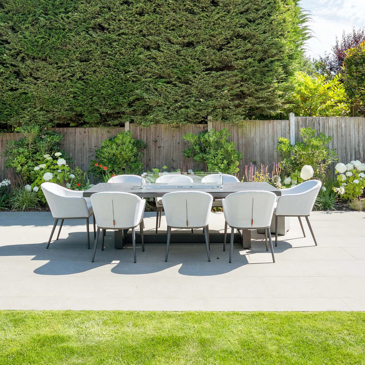 Luna 8 Seat Outdoor Fabric Rectangular Ceramic Firepit Dining Set in Oyster Grey