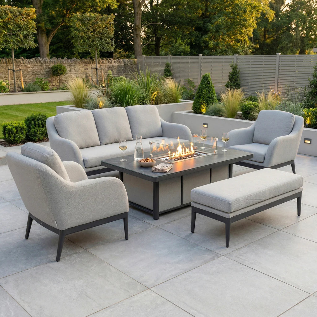 Luna 3 Seat Outdoor Fabric Sofa Set with Rising Firepit Table in Oyster Grey
