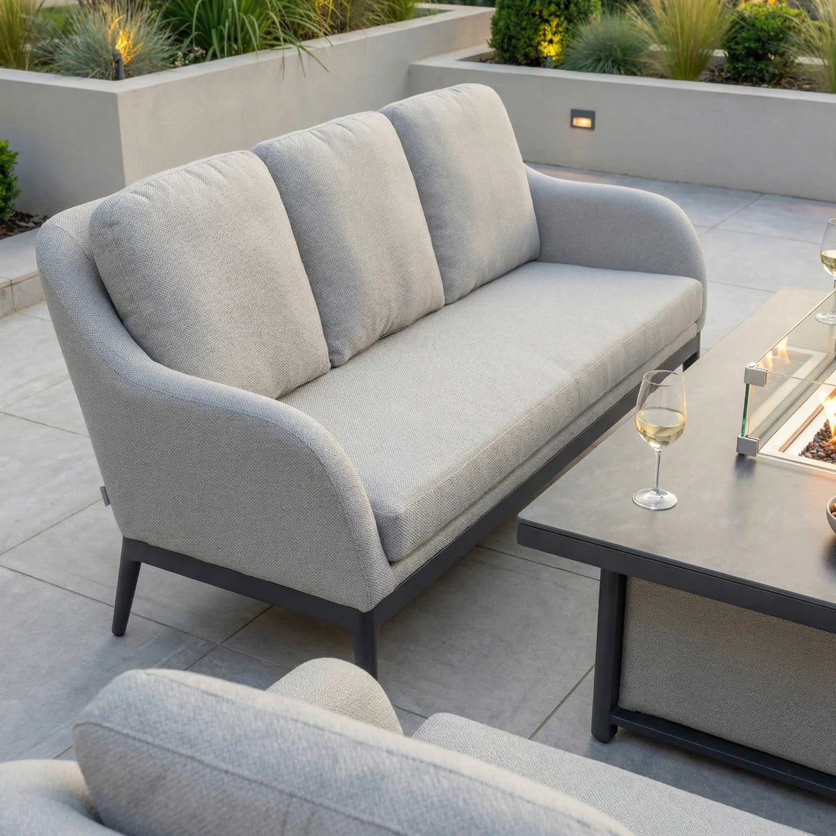 Luna 3 Seat Outdoor Fabric Sofa Set with Rising Firepit Table in Oyster Grey