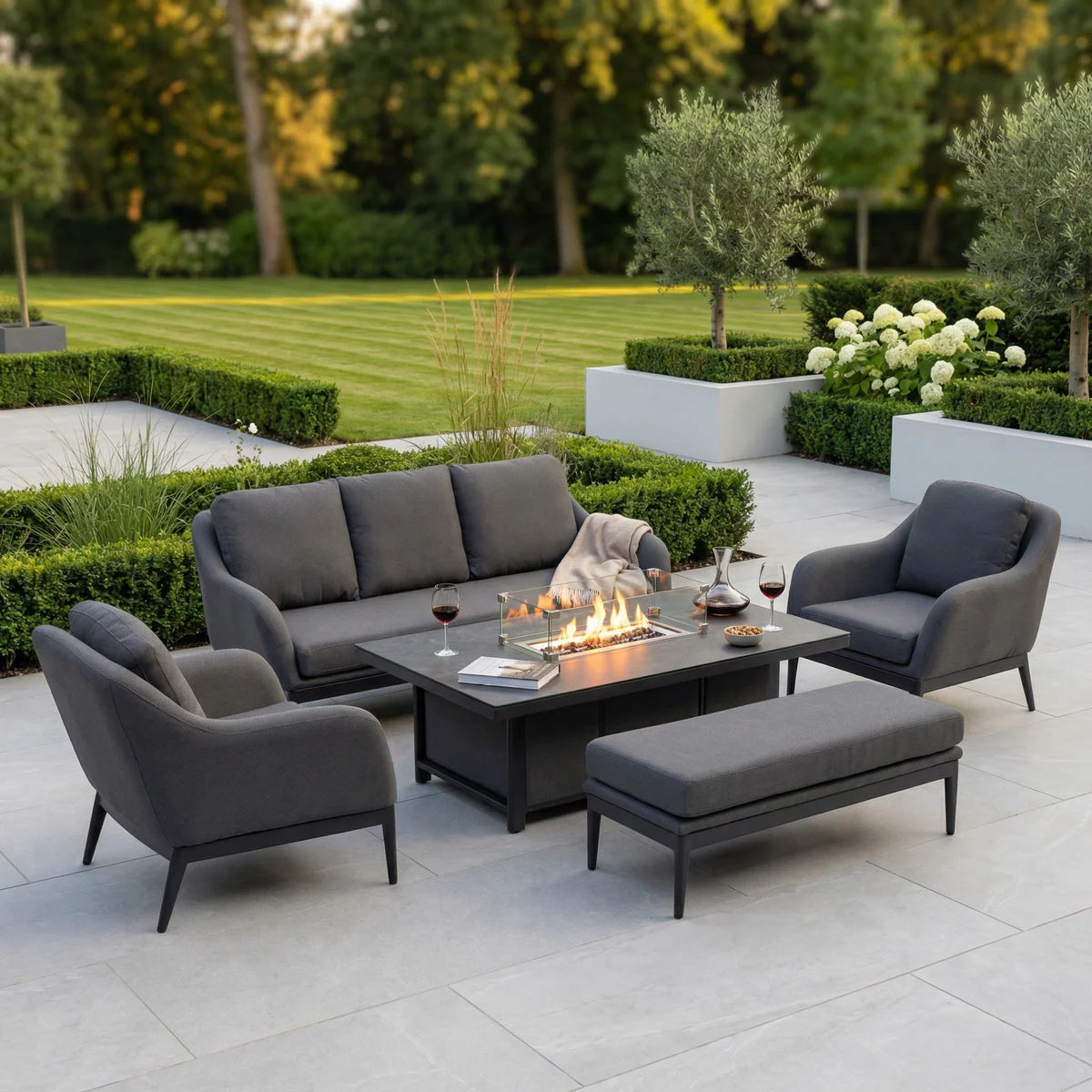 Luna 3 Seat Outdoor Fabric Sofa Set with Rising Firepit Table in Grey
