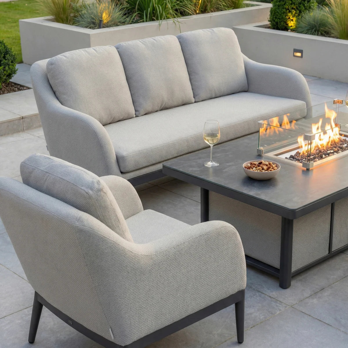Luna 3 Seat Outdoor Fabric Sofa Set with Rising Firepit Table in Oyster Grey