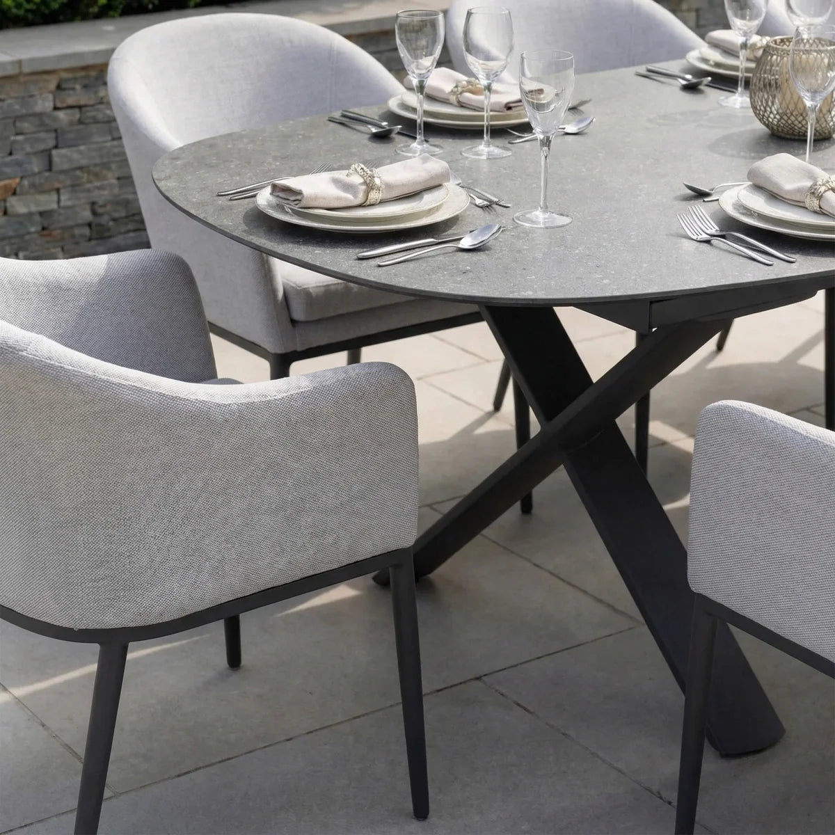 Luna 8 Seat Outdoor Fabric Oval Dining Set with Albatross Extending Table in Oyster Grey
