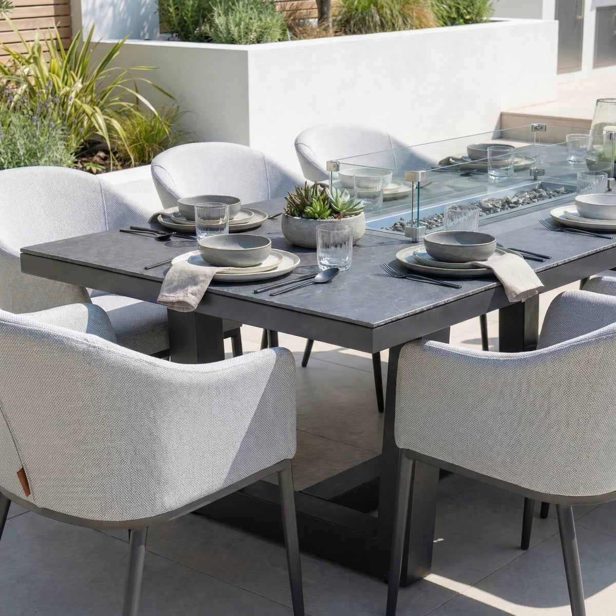 Luna 8 Seat Outdoor Fabric Rectangular Ceramic Firepit Dining Set in Oyster Grey
