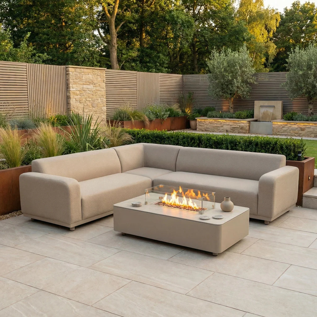 Luna Outdoor Fabric Corner Sofa Set with Firepit Coffee Table in Fawn