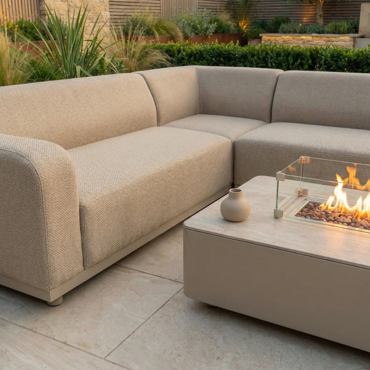Luna Outdoor Fabric Corner Sofa Set with Firepit Coffee Table in Fawn