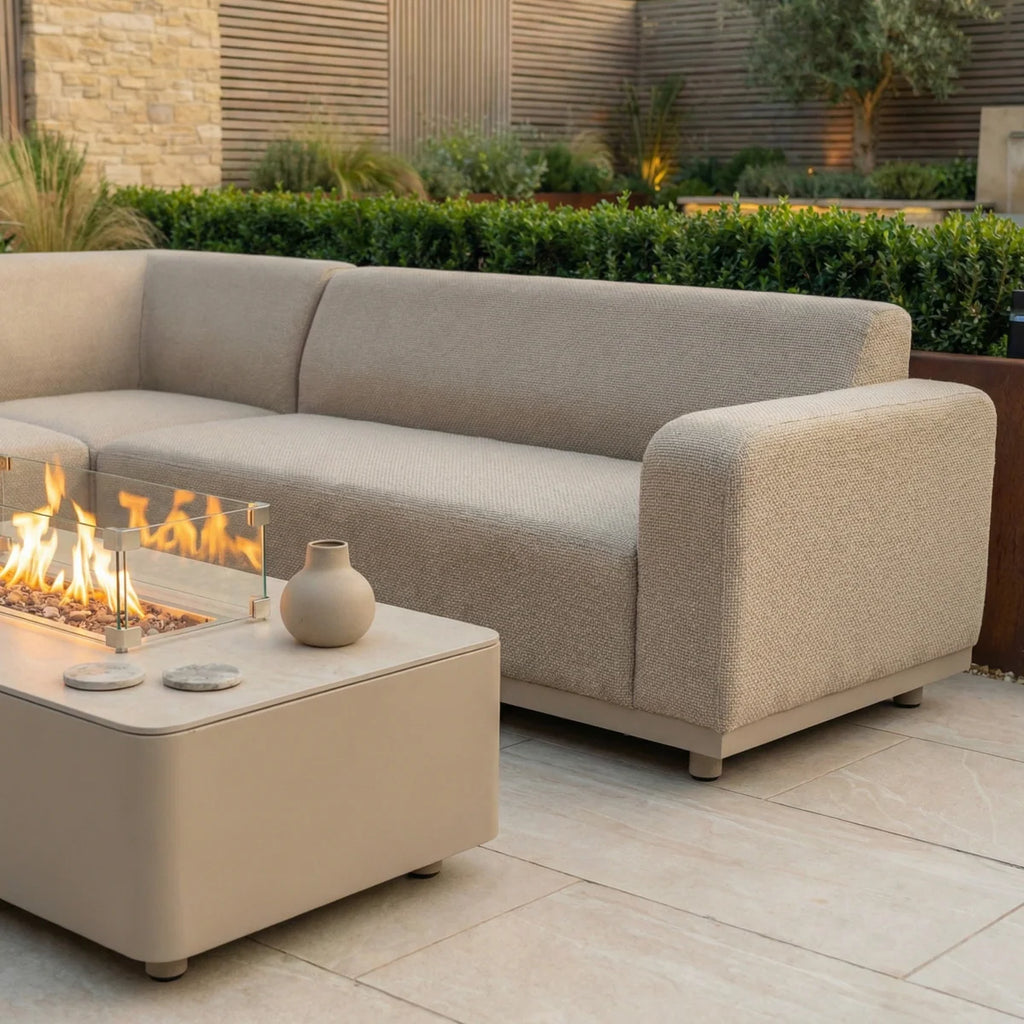 Luna Outdoor Fabric Corner Sofa Set with Firepit Coffee Table in Fawn