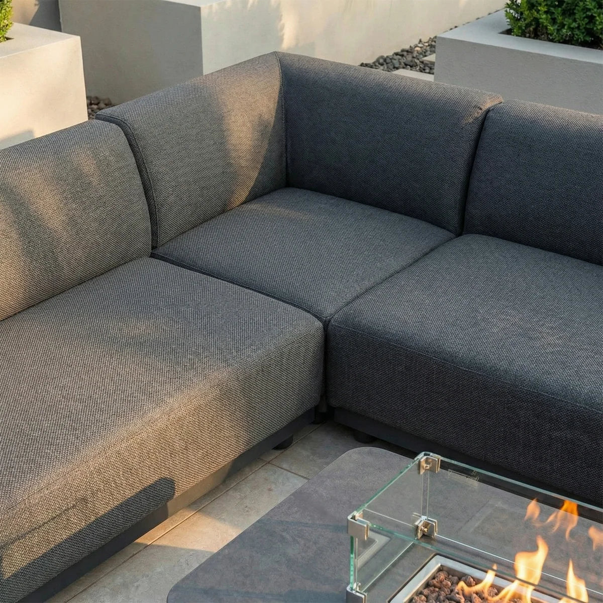 Luna Outdoor Fabric Corner Sofa Set with Firepit Coffee Table in Grey