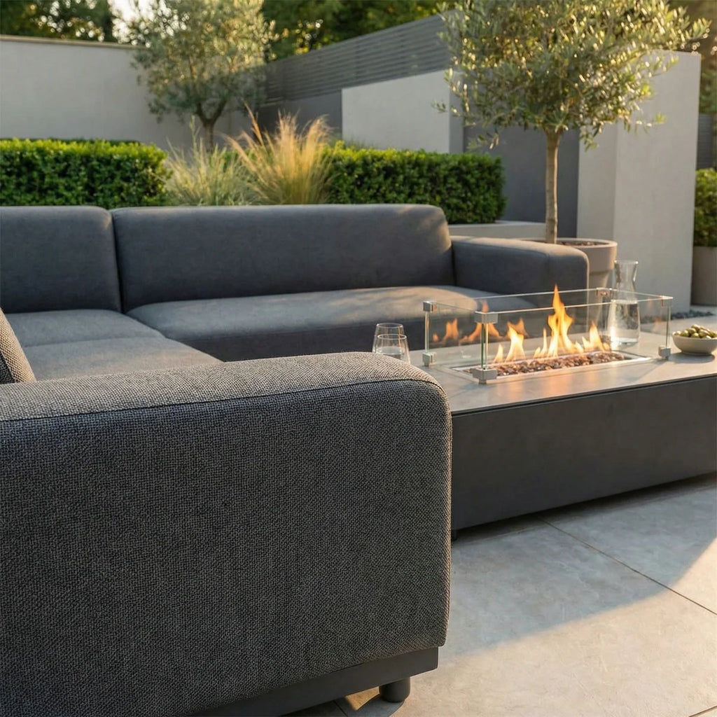 Luna Outdoor Fabric Corner Sofa Set with Firepit Coffee Table in Grey