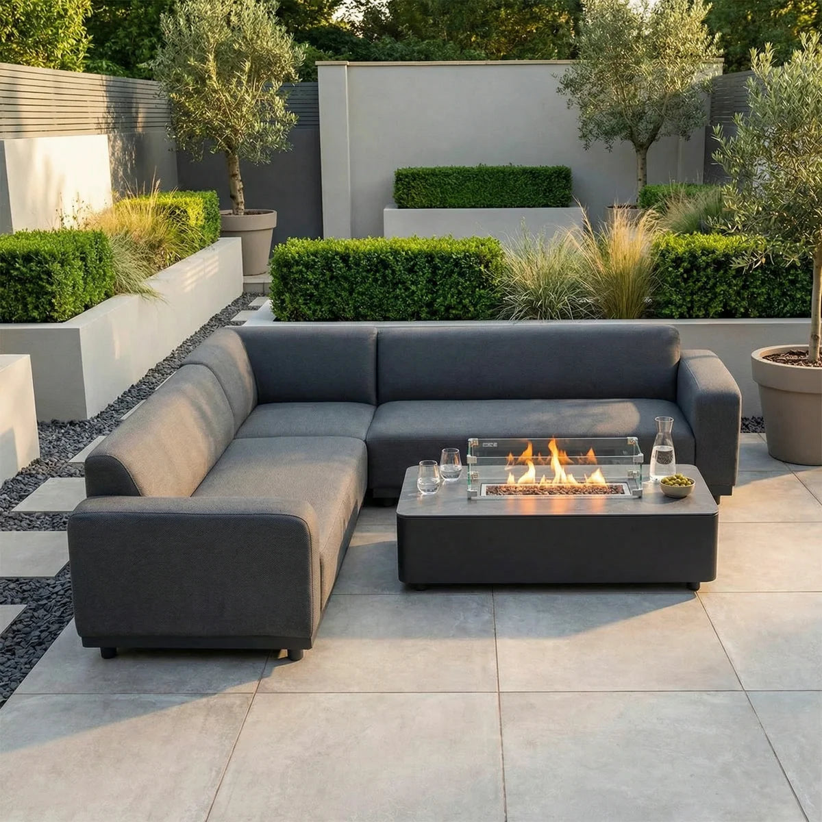 Luna Outdoor Fabric Corner Sofa Set with Firepit Coffee Table in Grey