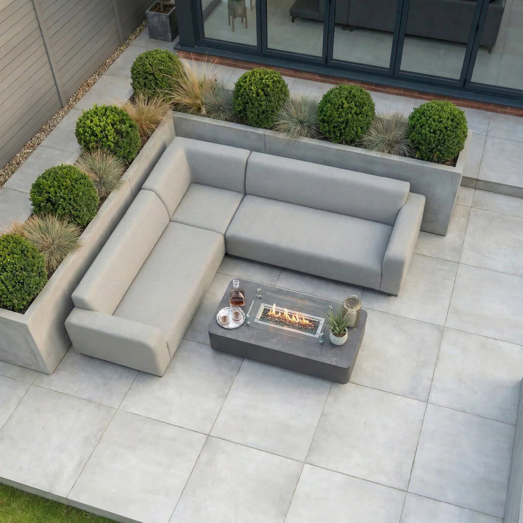Luna Outdoor Fabric Corner Sofa Set with Firepit Coffee Table in Oyster Grey