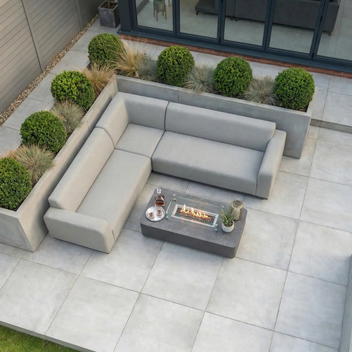 Luna Outdoor Fabric Corner Sofa Set with Firepit Coffee Table in Oyster Grey
