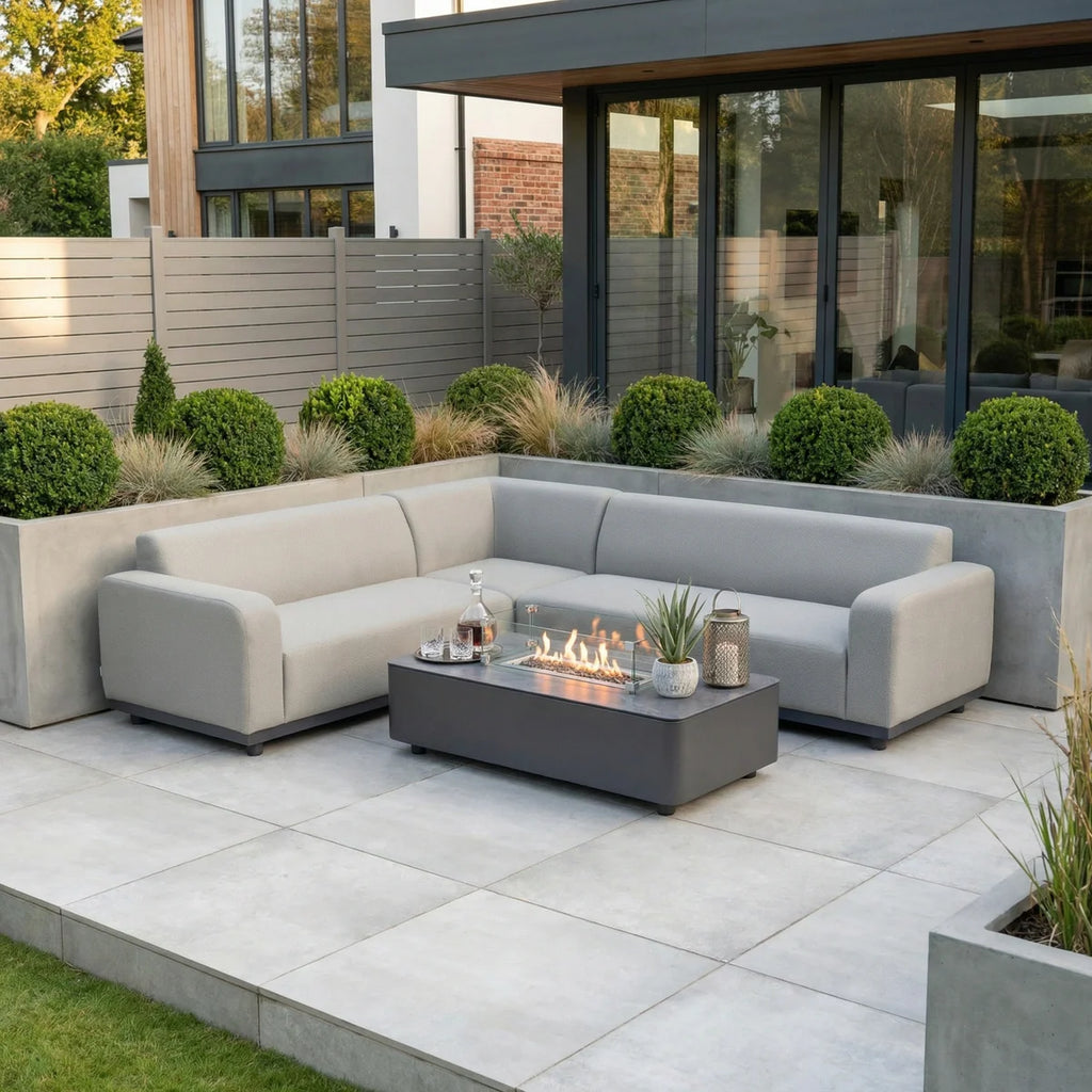 Luna Outdoor Fabric Corner Sofa Set with Firepit Coffee Table in Oyster Grey