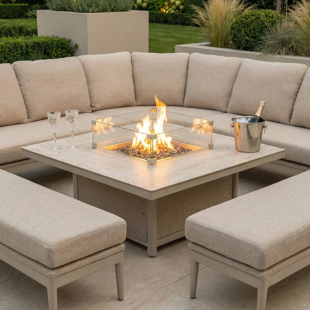 Luna Deluxe Outdoor Fabric Square Corner Dining Set with Rising Firepit Table in Fawn