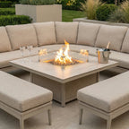 Luna Deluxe Outdoor Fabric Square Corner Dining Set with Rising Firepit Table in Fawn