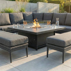 Luna Deluxe Outdoor Fabric Square Corner Dining Set with Rising Firepit Table in Grey