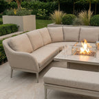 Luna Deluxe Outdoor Fabric Square Corner Dining Set with Rising Firepit Table in Fawn
