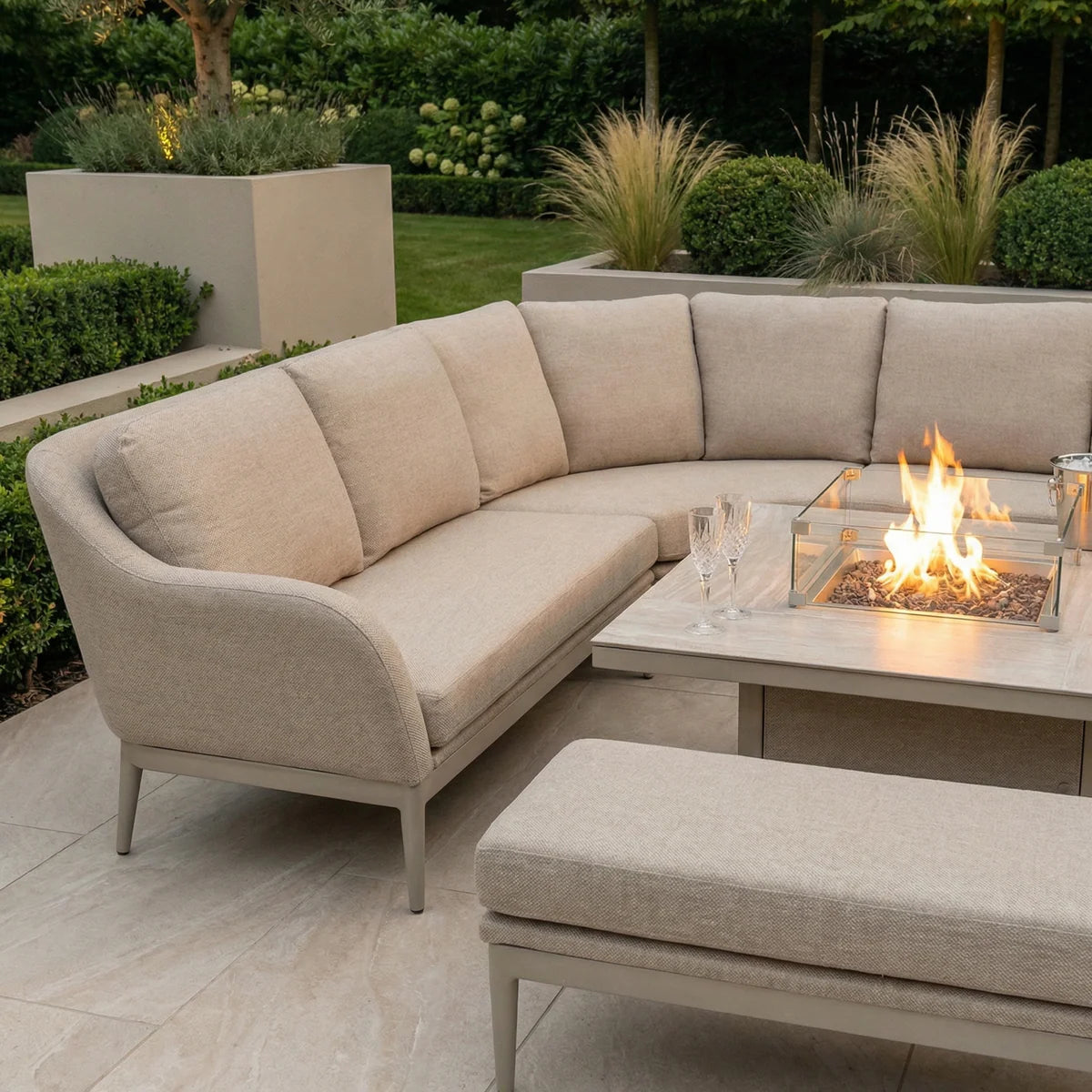 Luna Deluxe Outdoor Fabric Square Corner Dining Set with Rising Firepit Table in Fawn