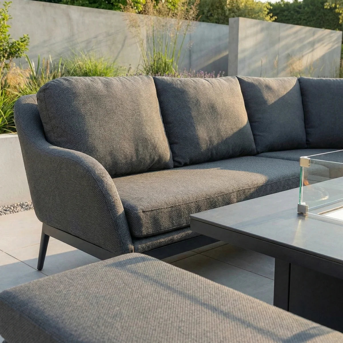 Luna Deluxe Outdoor Fabric Square Corner Dining Set with Rising Firepit Table in Grey