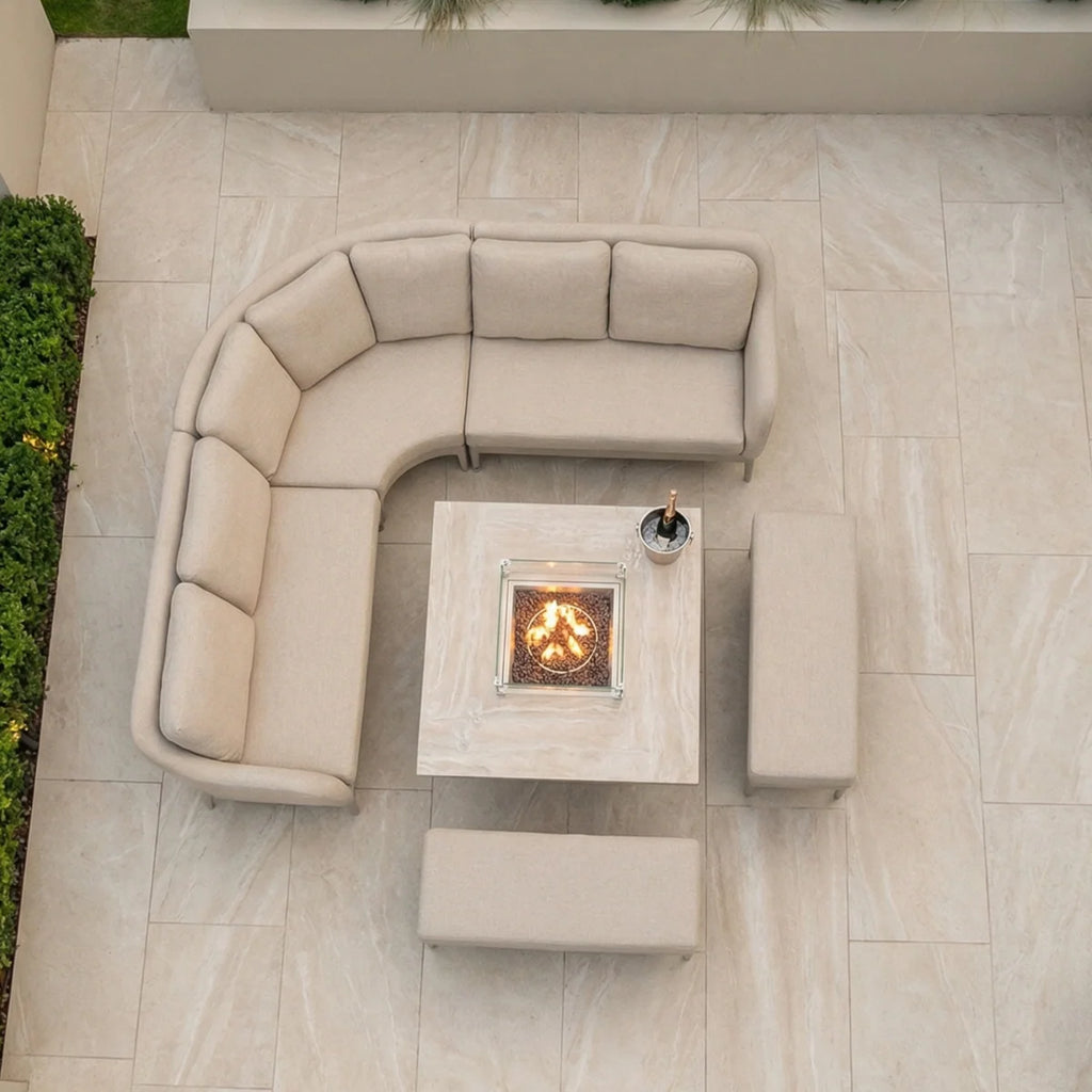 Luna Deluxe Outdoor Fabric Square Corner Dining Set with Rising Firepit Table in Fawn