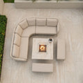 Luna Deluxe Outdoor Fabric Square Corner Dining Set with Rising Firepit Table in Fawn