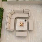 Luna Deluxe Outdoor Fabric Square Corner Dining Set with Rising Firepit Table in Fawn