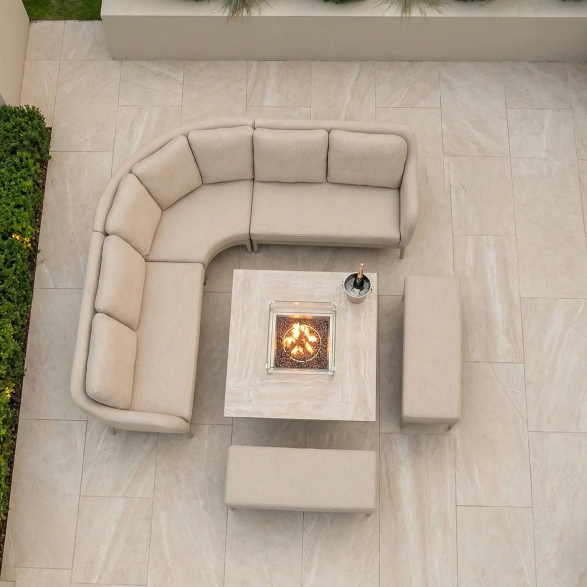 Luna Deluxe Outdoor Fabric Square Corner Dining Set with Rising Firepit Table in Fawn