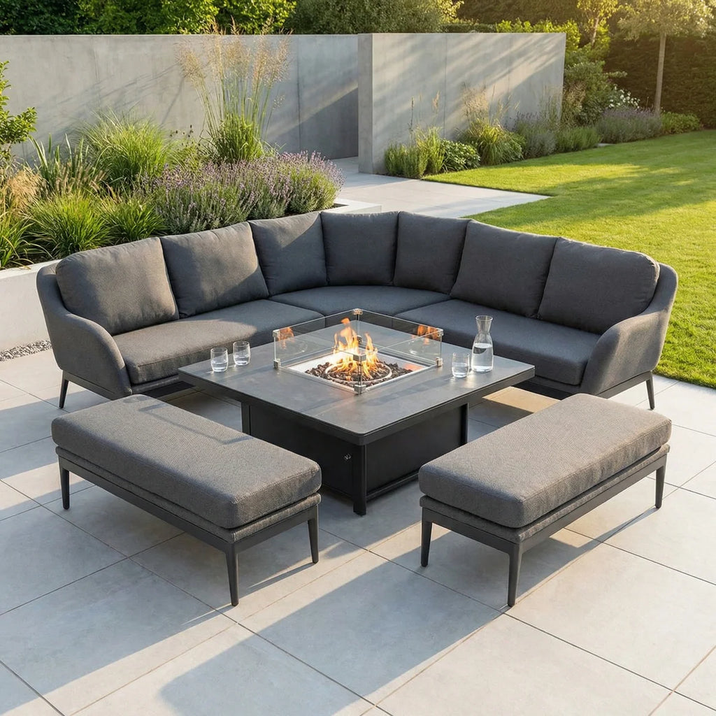 Luna Deluxe Outdoor Fabric Square Corner Dining Set with Rising Firepit Table in Grey
