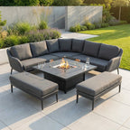 Luna Deluxe Outdoor Fabric Square Corner Dining Set with Rising Firepit Table in Grey