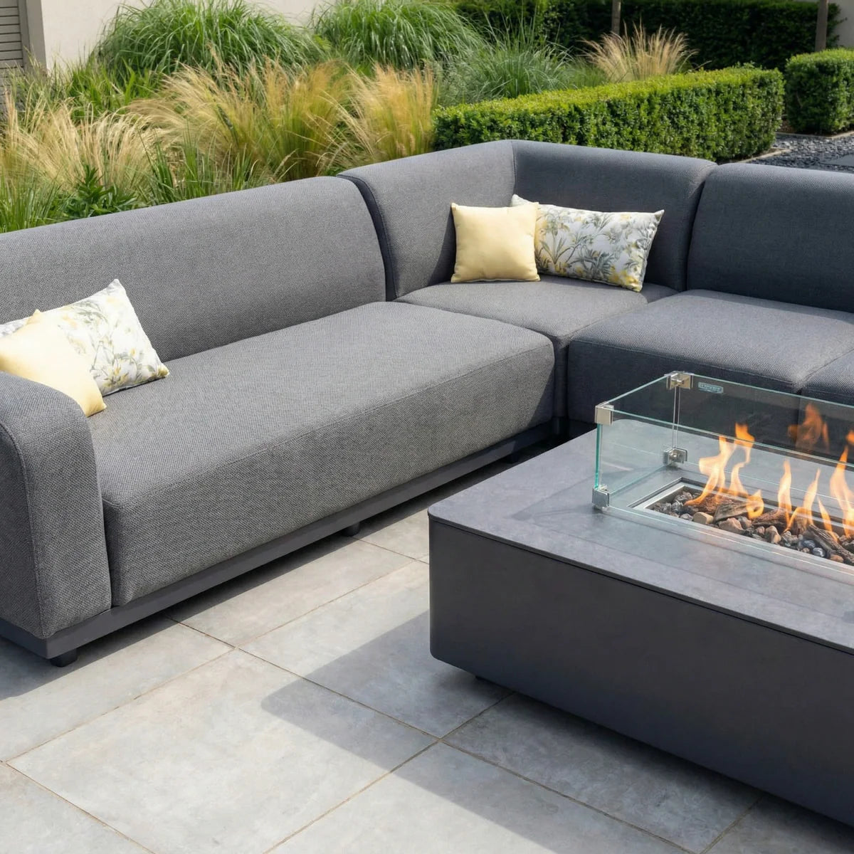 Luna Outdoor Fabric Large Corner Group Set with Firepit Coffee Table in Grey