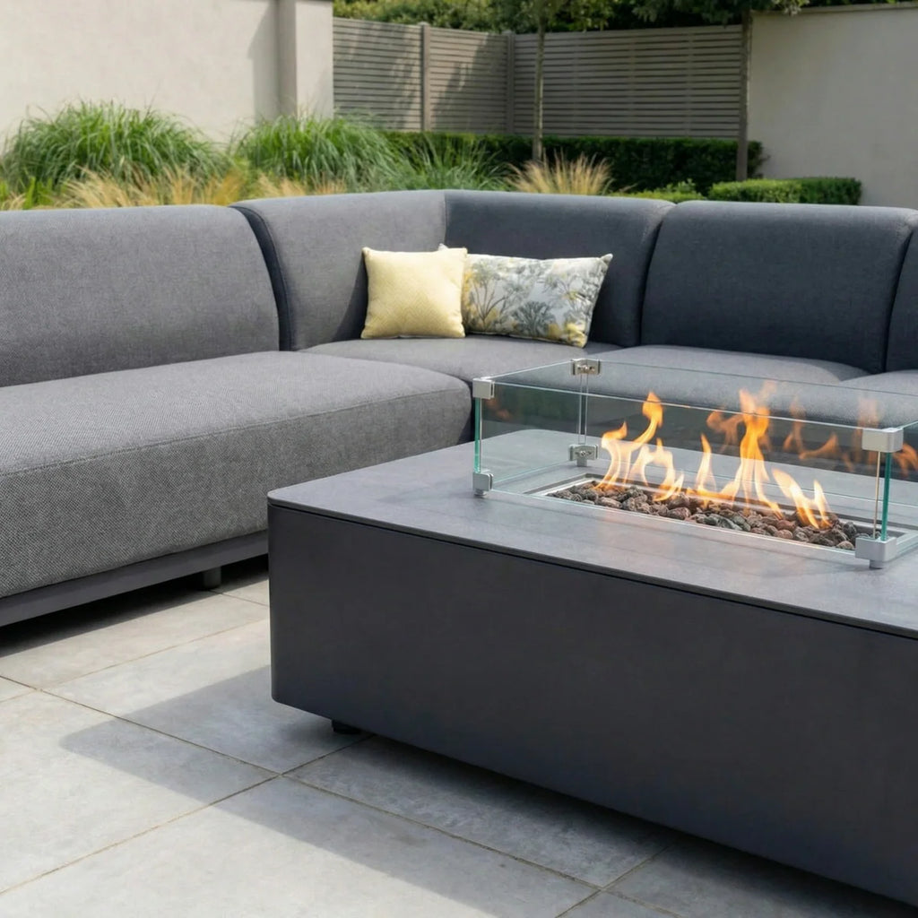 Luna Outdoor Fabric Large Corner Group Set with Firepit Coffee Table in Grey