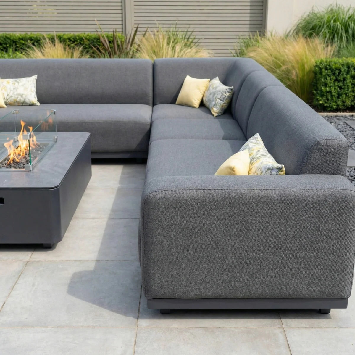 Luna Outdoor Fabric Large Corner Group Set with Firepit Coffee Table in Grey