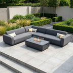 Luna Outdoor Fabric Large Corner Group Set with Firepit Coffee Table in Grey