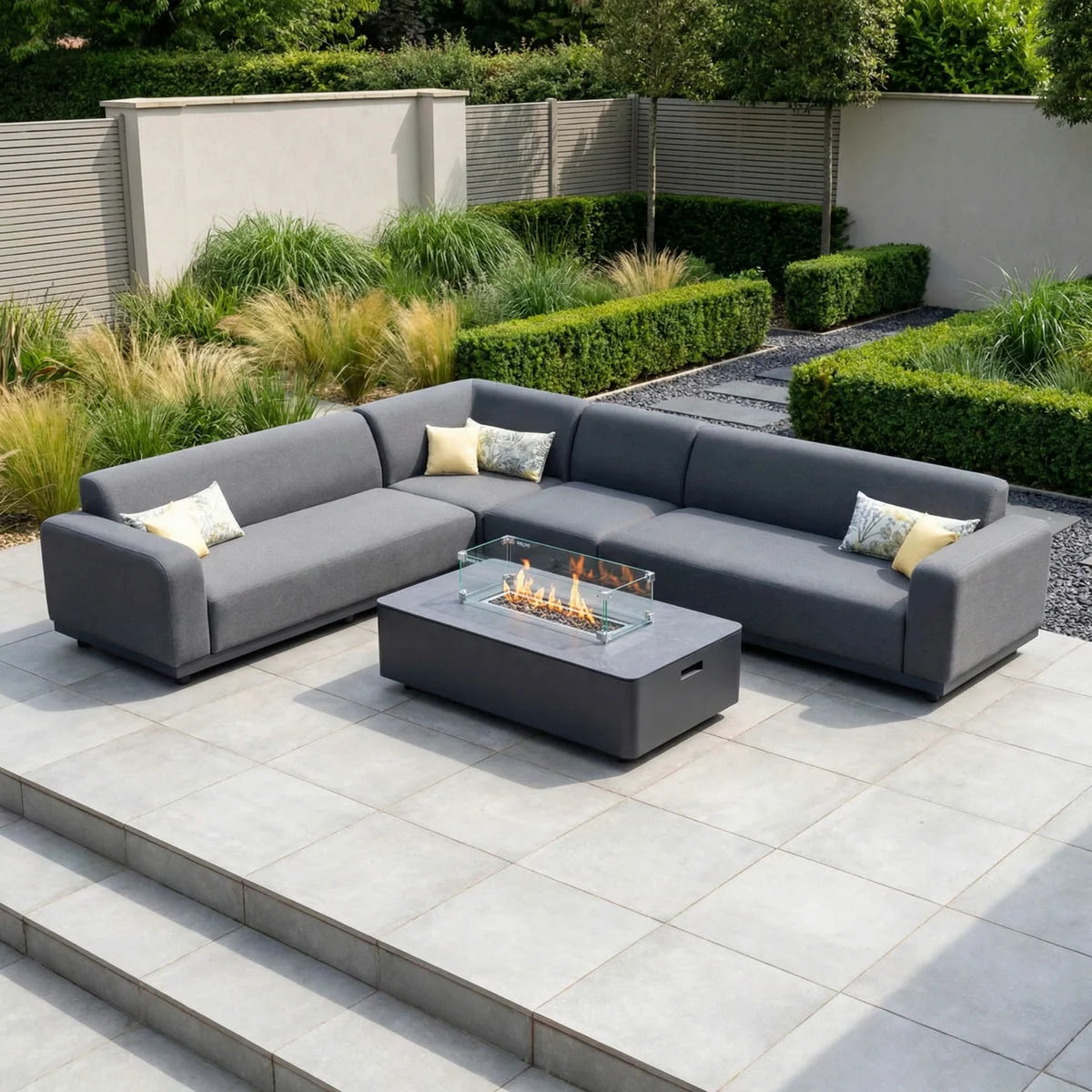 Luna Outdoor Fabric Large Corner Group Set with Firepit Coffee Table in Grey