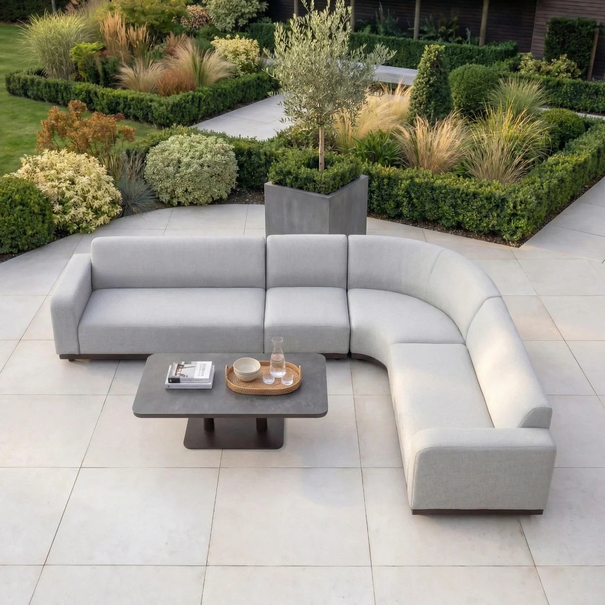 Luna Outdoor Fabric Large Curved Corner Sofa Set with Altura Rising Table in Oyster Grey
