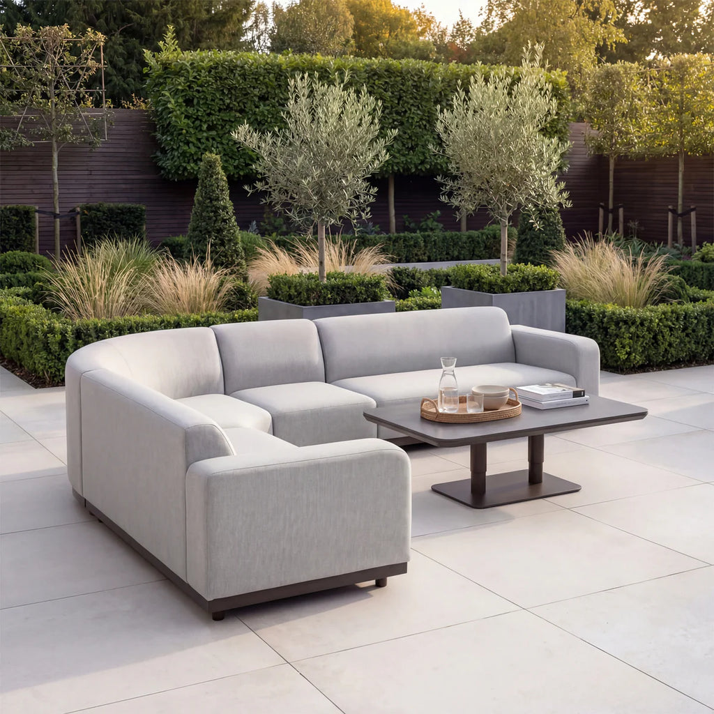 Luna Outdoor Fabric Large Curved Corner Sofa Set with Altura Rising Table in Oyster Grey