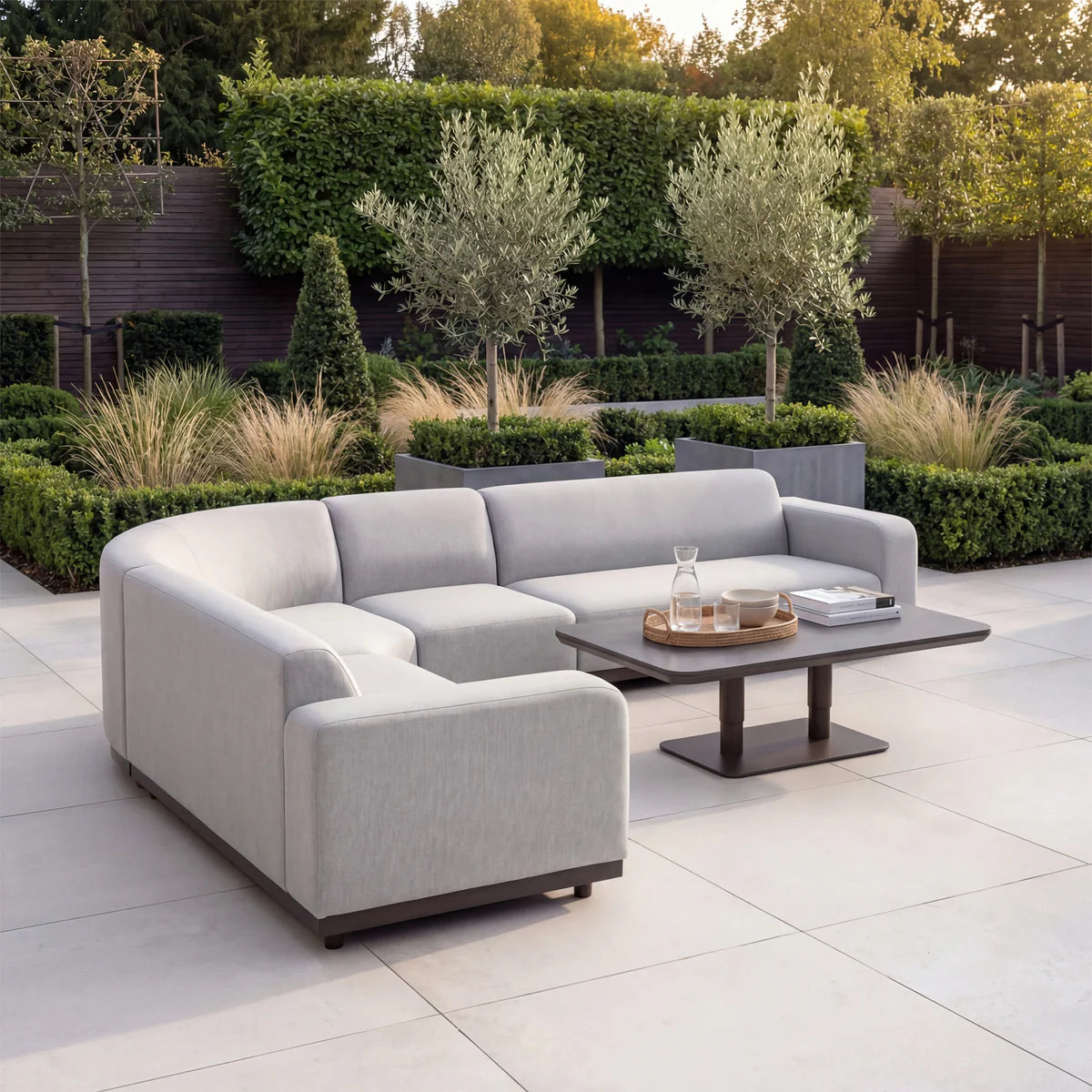 Luna Outdoor Fabric Large Curved Corner Sofa Set with Altura Rising Table in Oyster Grey