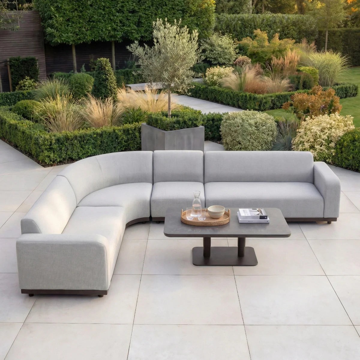 Luna Outdoor Fabric Large Curved Corner Sofa Set with Altura Rising Table in Oyster Grey