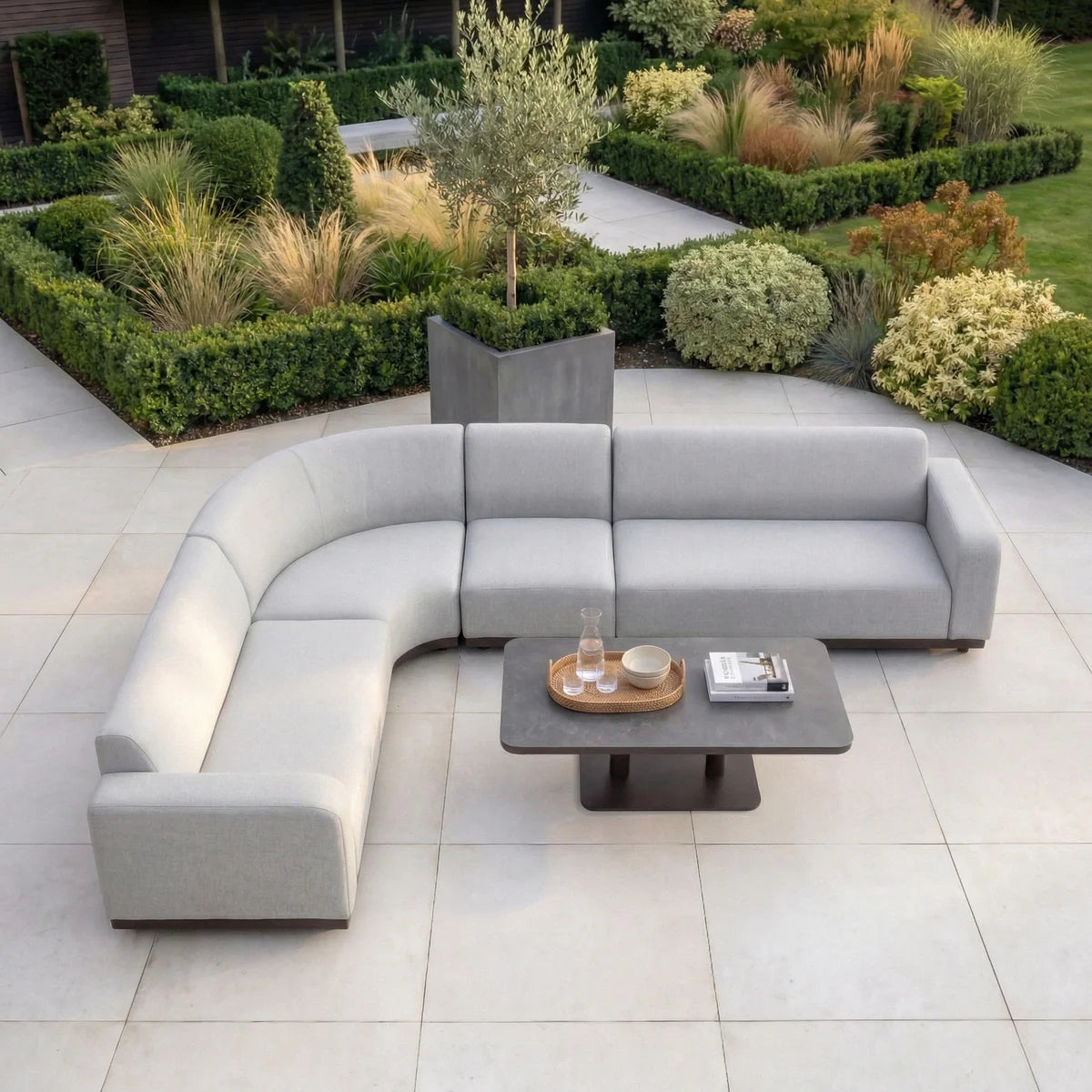 Luna Outdoor Fabric Large Curved Corner Sofa Set with Altura Rising Table in Oyster Grey