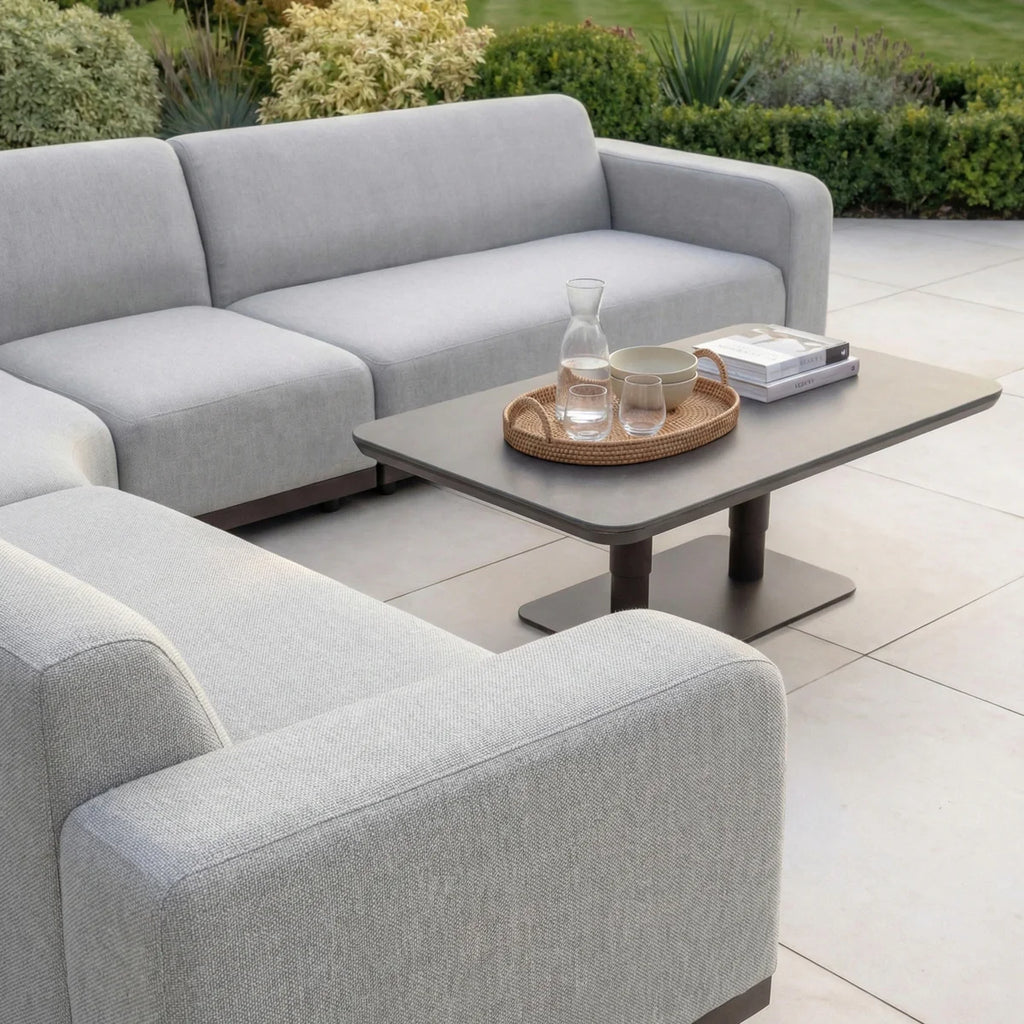 Luna Outdoor Fabric Large Curved Corner Sofa Set with Altura Rising Table in Oyster Grey