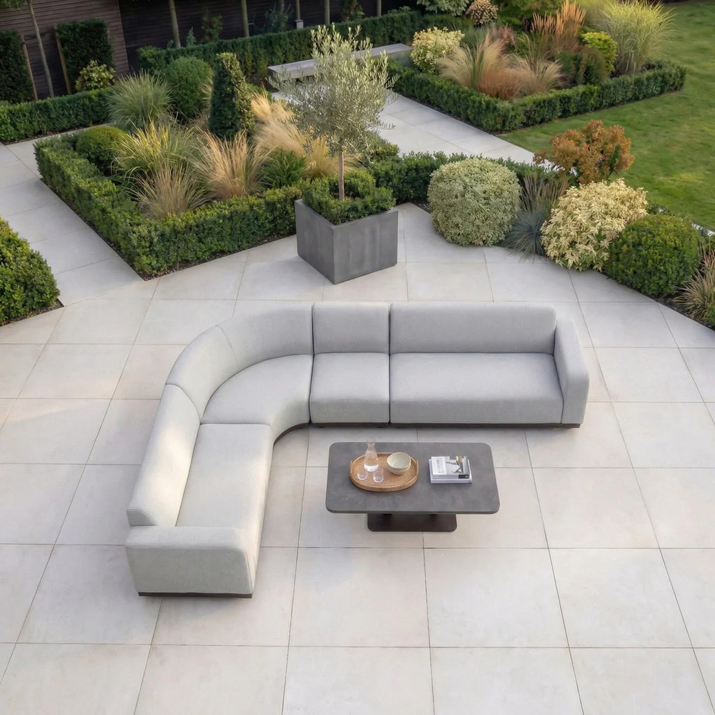 Luna Outdoor Fabric Large Curved Corner Sofa Set with Altura Rising Table in Oyster Grey