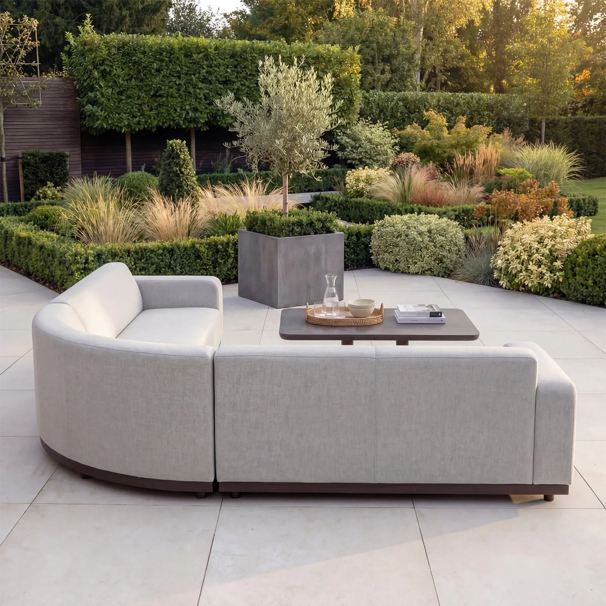 Luna Outdoor Fabric Large Curved Corner Sofa Set with Altura Rising Table in Oyster Grey