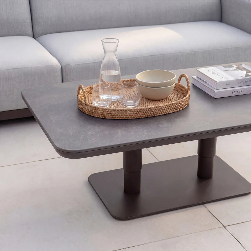 Luna Outdoor Fabric Large Curved Corner Sofa Set with Altura Rising Table in Oyster Grey