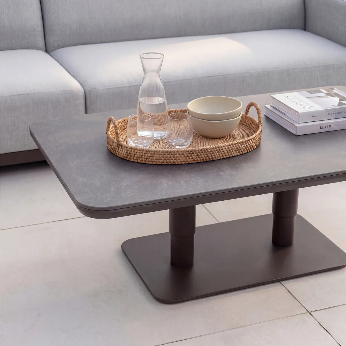 Luna Outdoor Fabric Large Curved Corner Sofa Set with Altura Rising Table in Oyster Grey