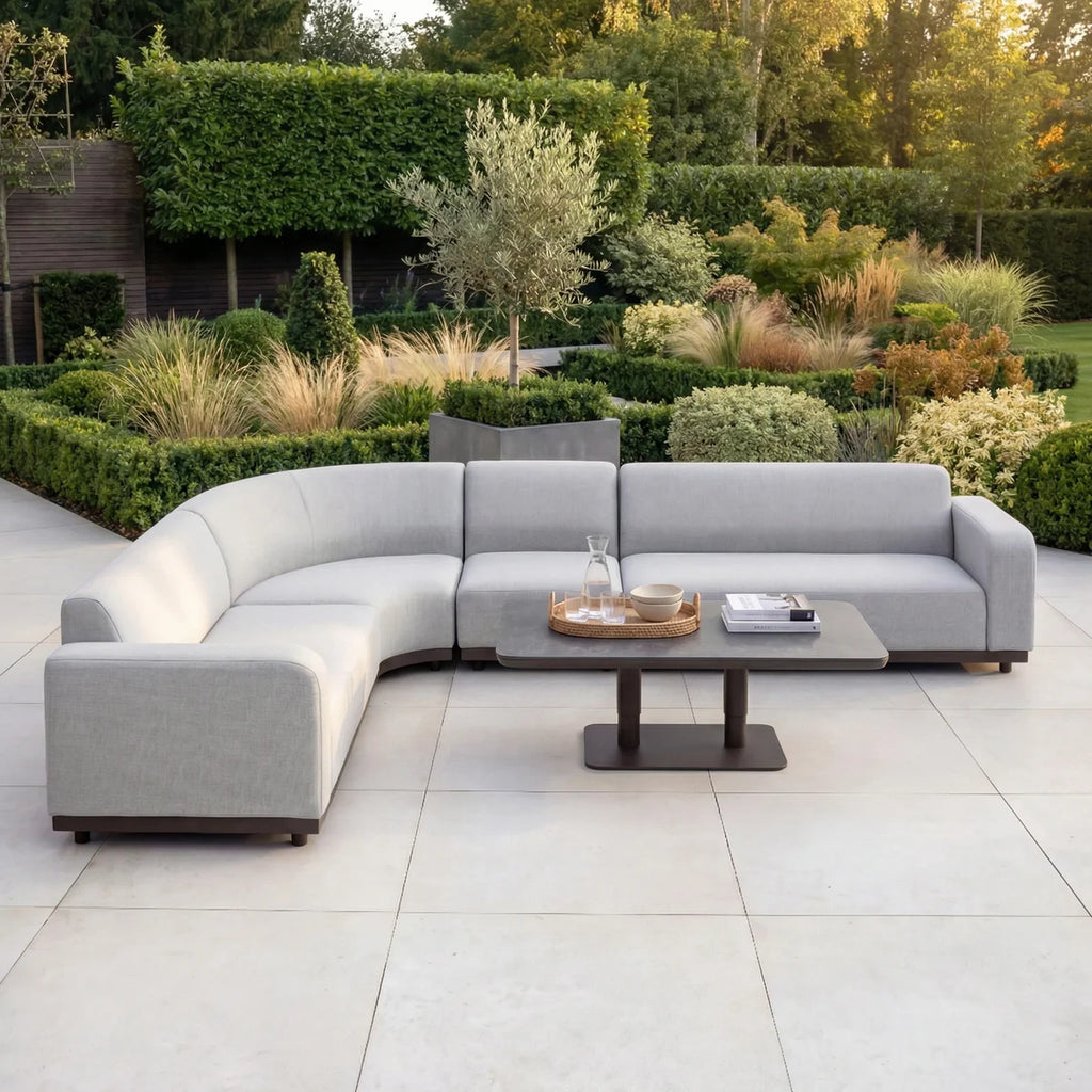Luna Outdoor Fabric Large Curved Corner Sofa Set with Altura Rising Table in Oyster Grey