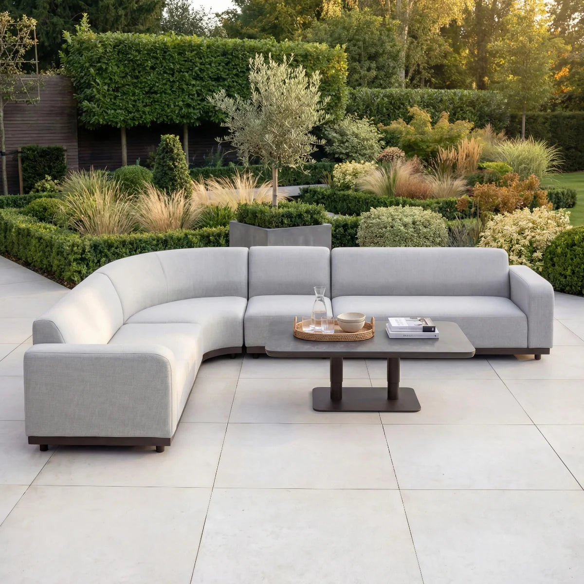 Luna Outdoor Fabric Large Curved Corner Sofa Set with Altura Rising Table in Oyster Grey
