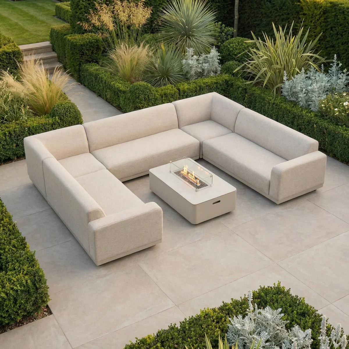 Luna U-Shape Outdoor Fabric Sofa Set with Firepit Coffee Table in Fawn